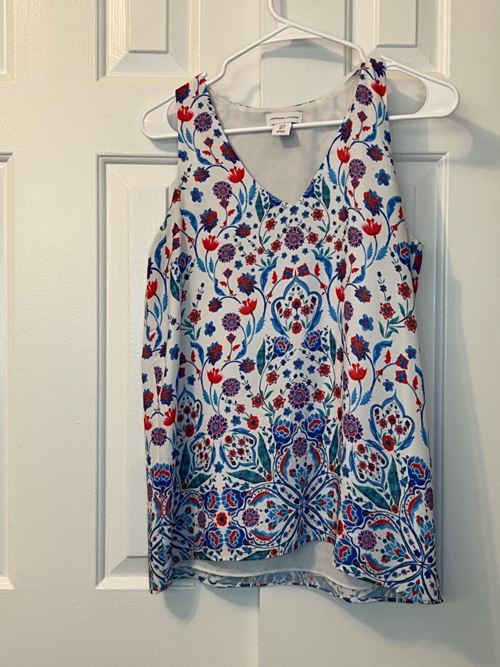 Adrienne Vittadini Tank Top Floral Flowy Blue Red V Neck Lined Size S